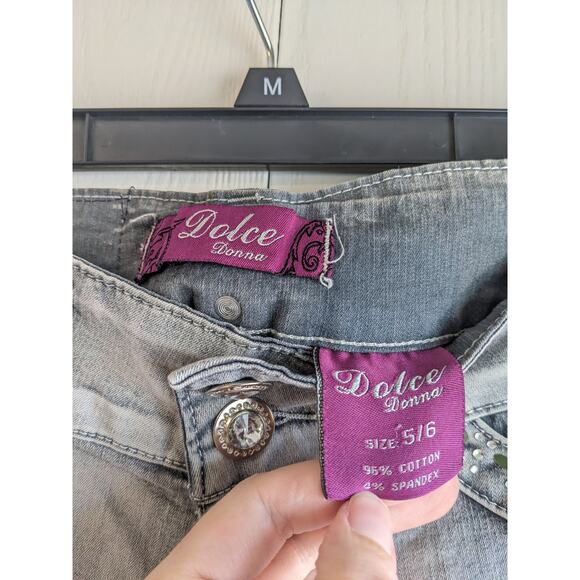 Vintage Y2K Dolce Donna Juniors Sz 5 Low Rise Light Wash Rhinestone Blue Jeans - Picture 3 of 7